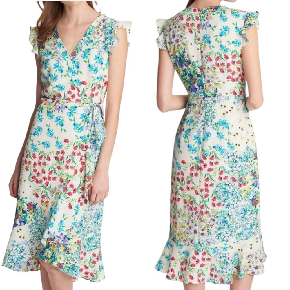 KARL LAGERFELD Paris Floral Ruffled Dress Faux Wrap Size 4 6 Small Wedding Guest